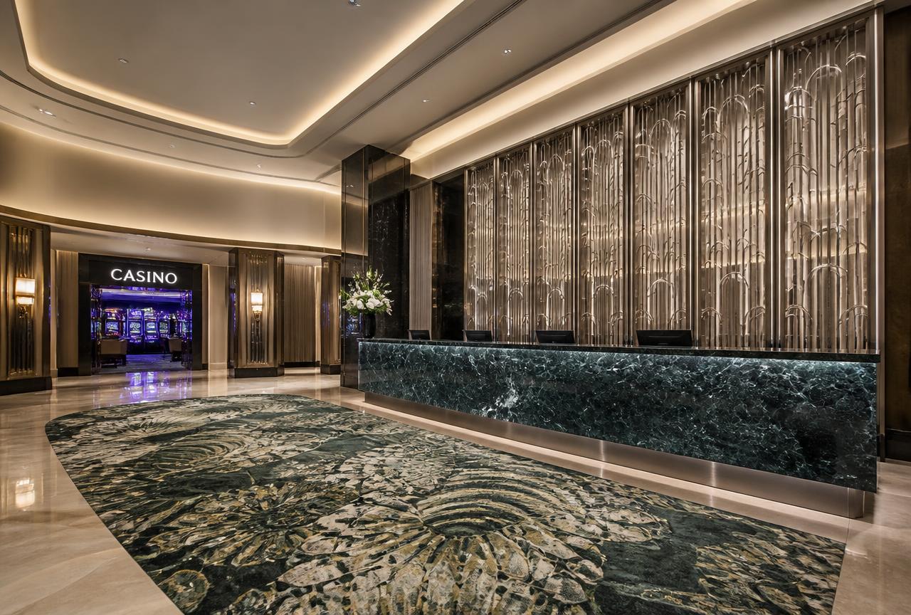 Detail of a casino reception desk in brushed bronze and green stone